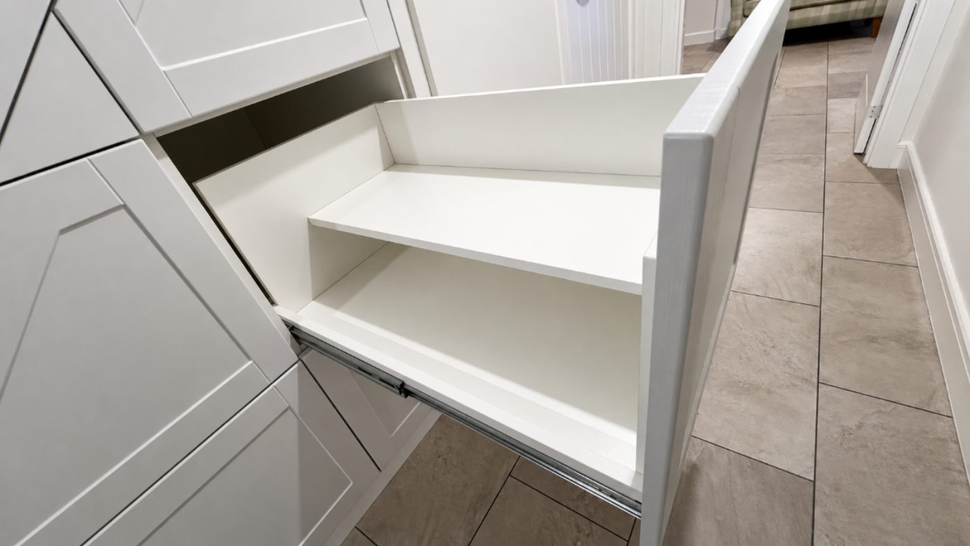 A drawer pulled fully out on its runners, showing the full depth of the space and a shoe shelf inside